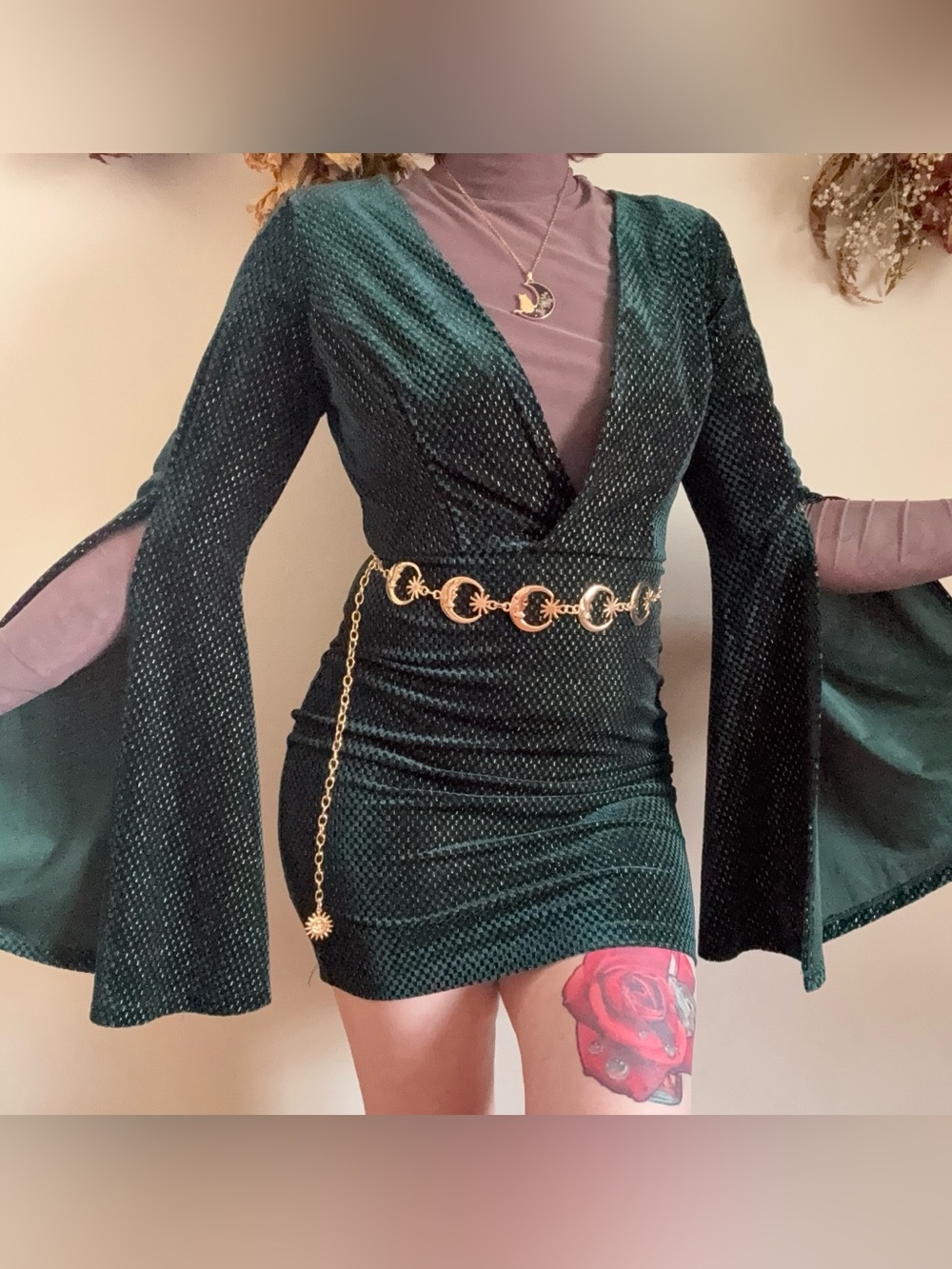 Fairycore Viridian Green Velvety Sparkly Dress 💚🖤